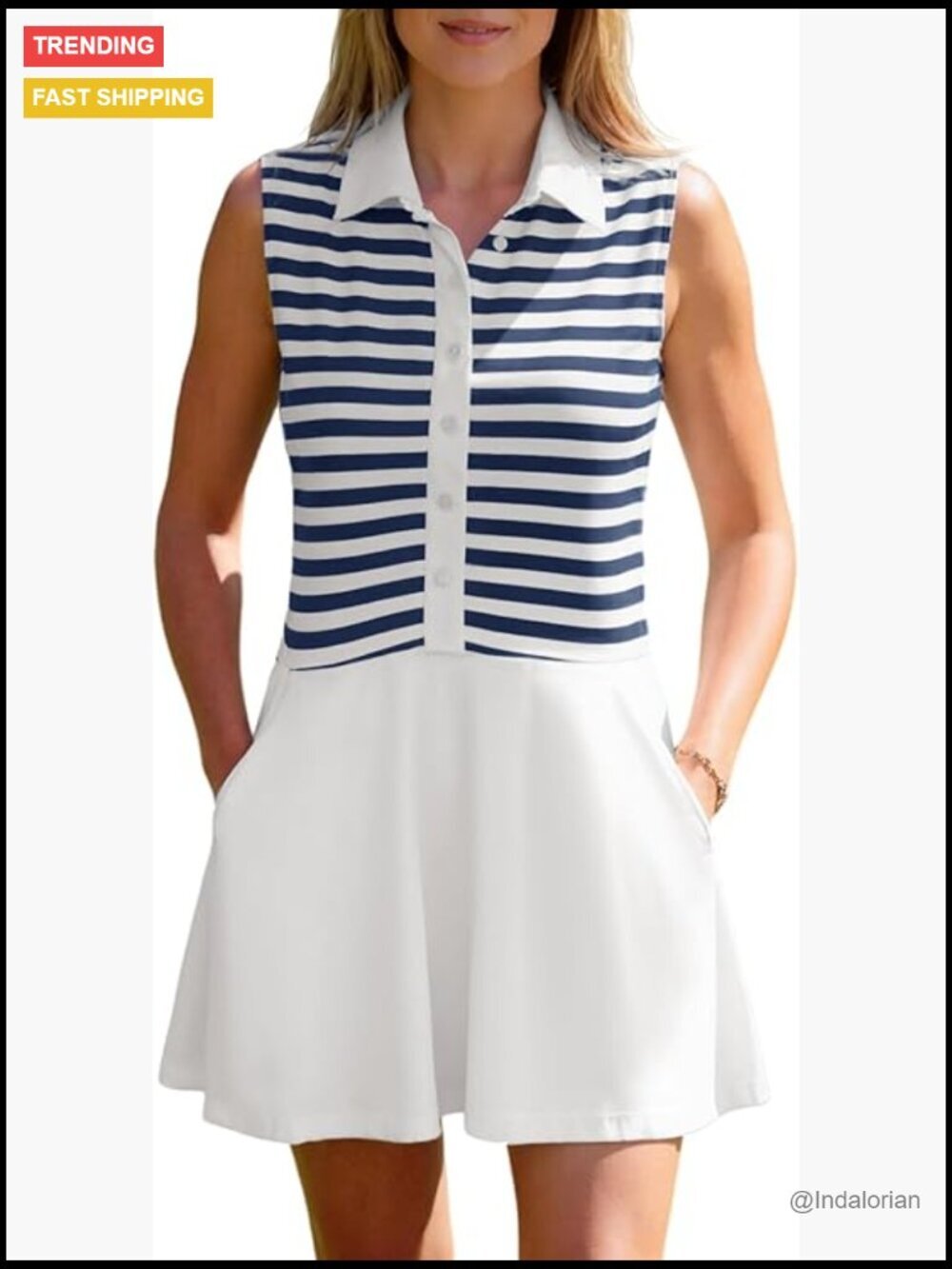 Sleeveless Striped Button Collared Mini Dress with Pockets
